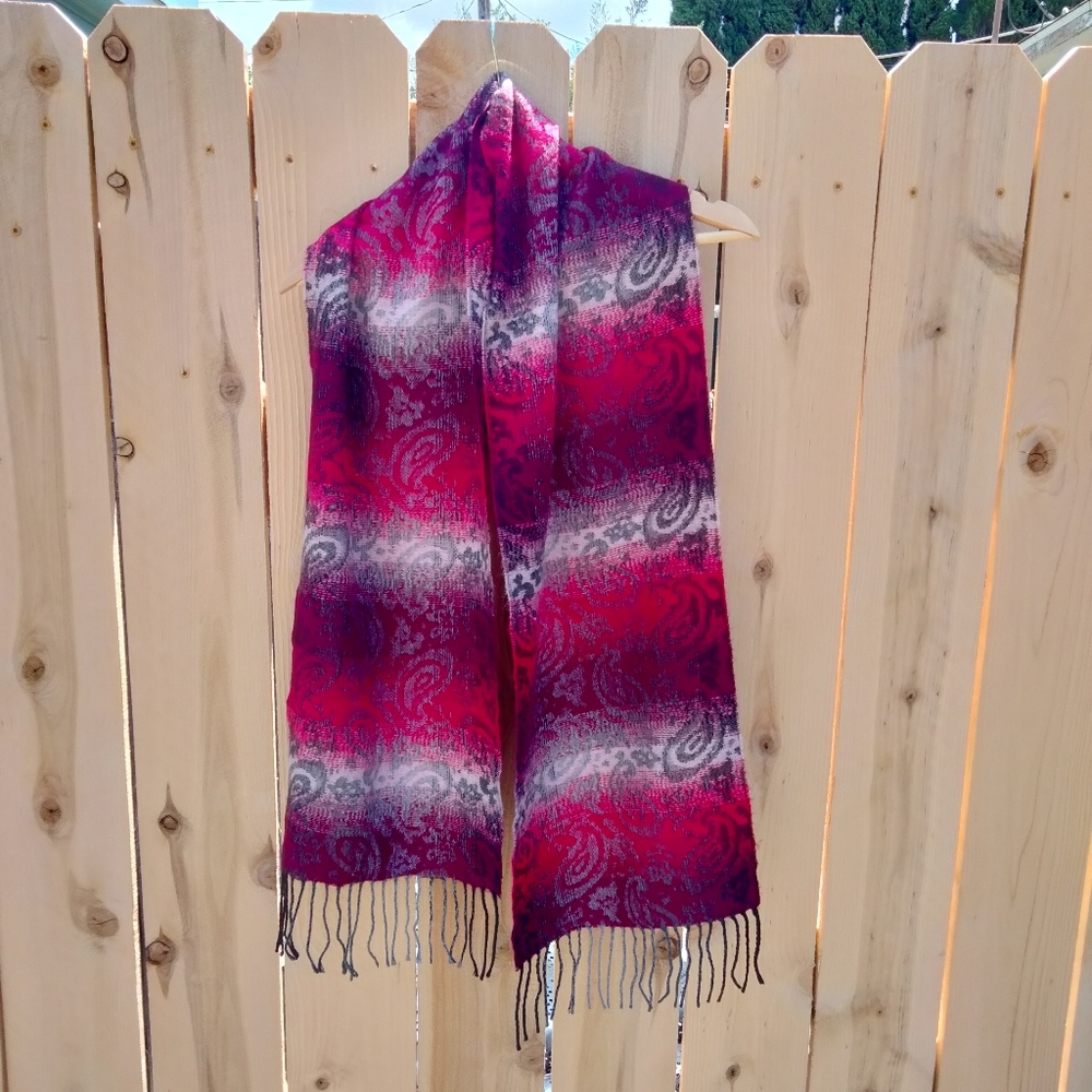 Cejon Red Pink Gray Ombre Paisley Fringed Scarf 11" x 64" Made in Italy Acrylic